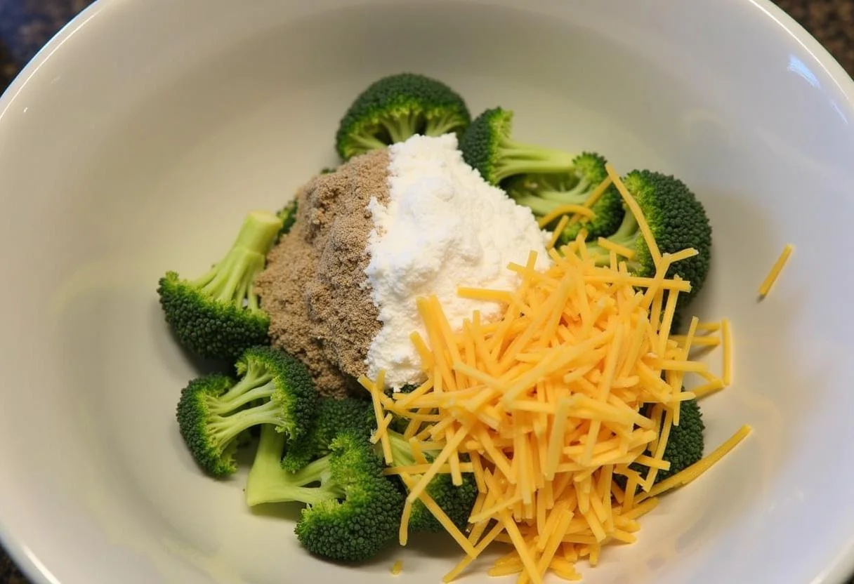 Mélange des ingrédients pour une galette au brocoli et fromage, y compris le fromage, la farine et les épices.