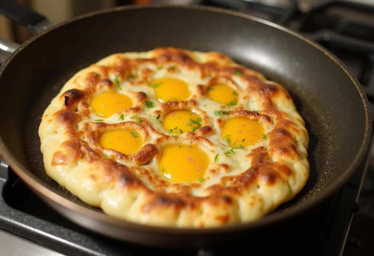 Retourner la galette au brocoli dans la poêle pour une cuisson uniforme et dorée.