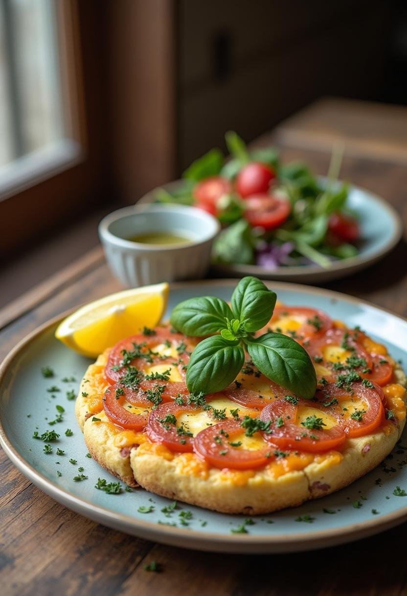 Présentation finale de la galette de pois chiche socca niçoise, prête à être dégustée avec des herbes fraîches.