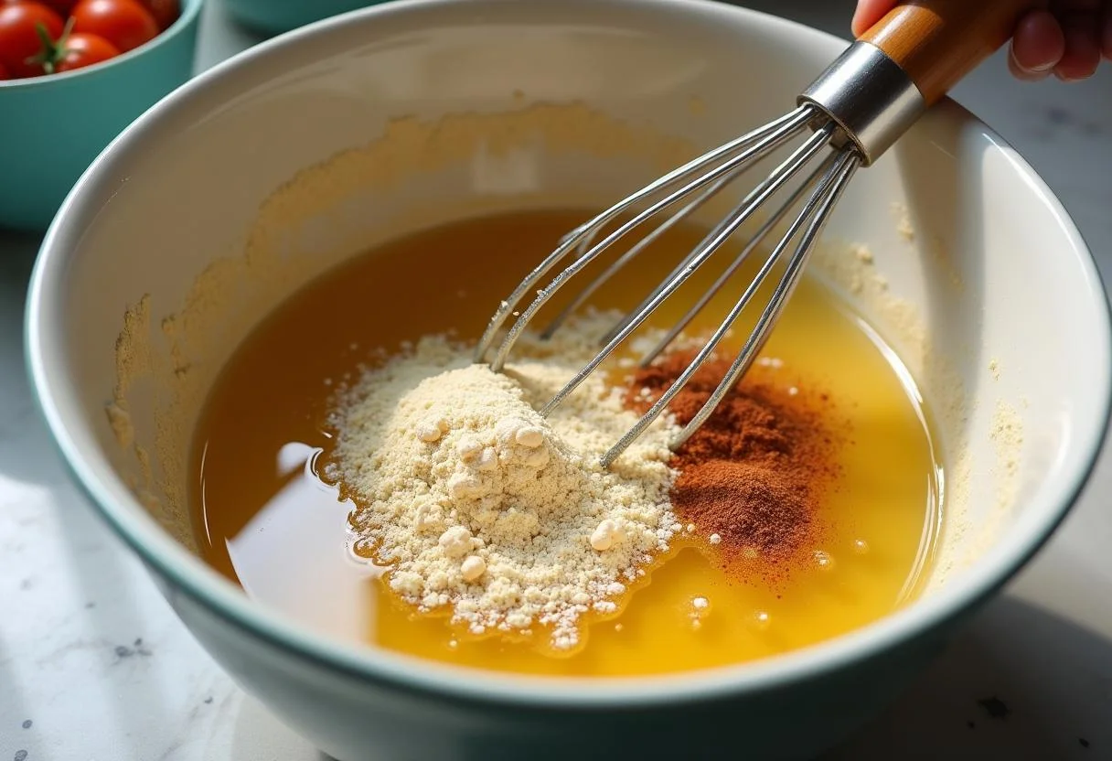 Préparation de la socca niçoise, mélange de farine de pois chiche et d'eau, dans une cuisine ensoleillée.