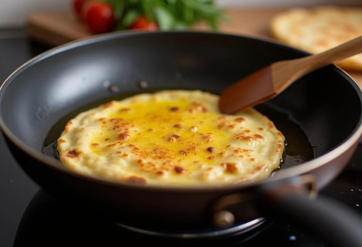 Chauffage de l'huile dans la poêle pour la socca, préparation classique niçoise avec une odeur alléchante.