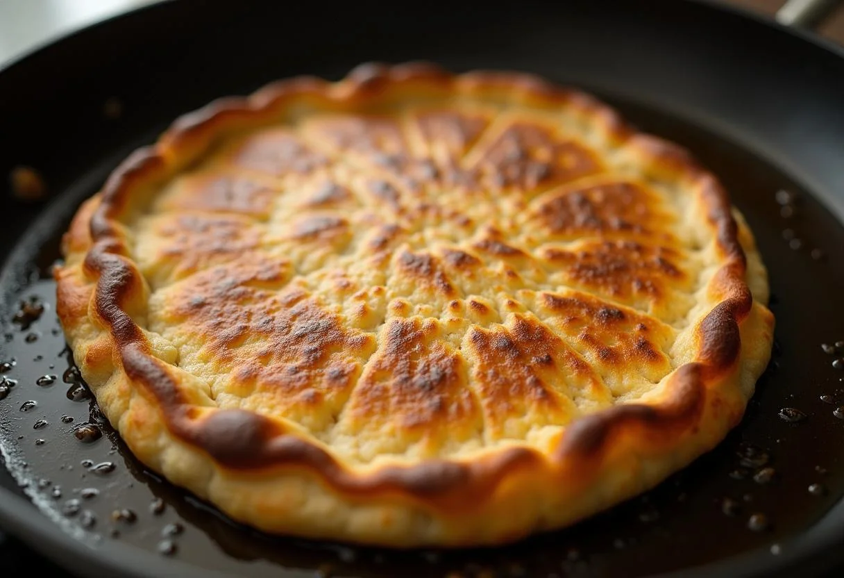 Retourner la galette de pois chiche dans la poêle, la socca dorée et croustillante.
