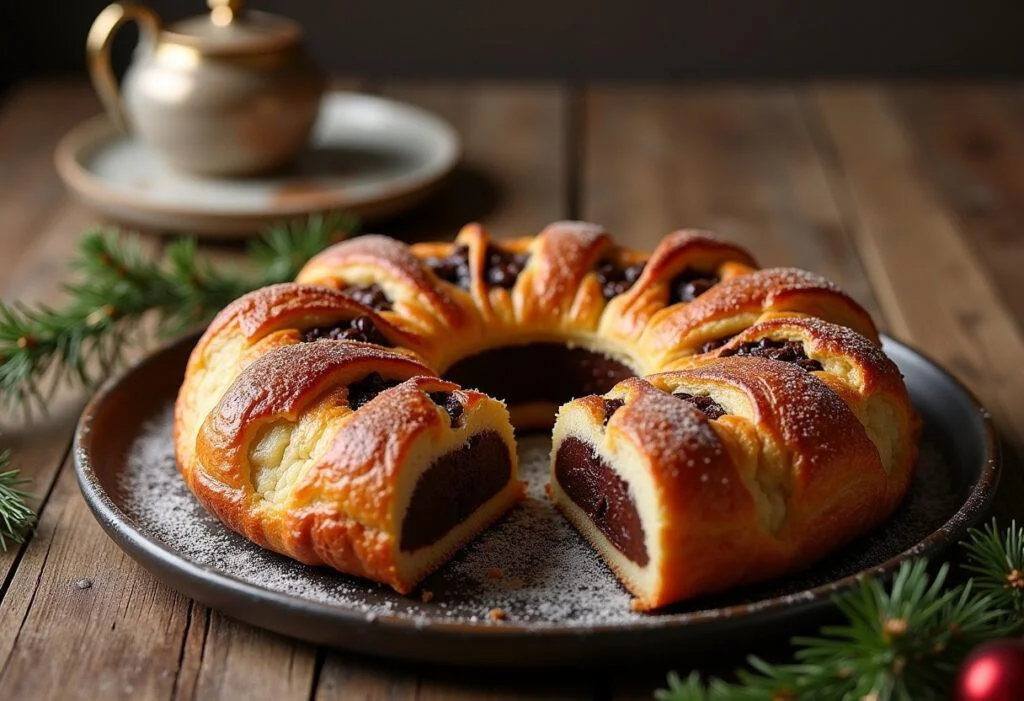 Présentation de la galette des rois au chocolat gourmande avec une tranche révélant la garniture au chocolat riche.