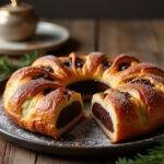 Présentation de la galette des rois au chocolat gourmande avec une tranche révélant la garniture au chocolat riche.