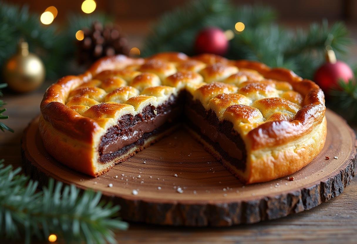 Présentation de la galette des rois au chocolat gourmande avec une tranche révélant la garniture au chocolat riche.