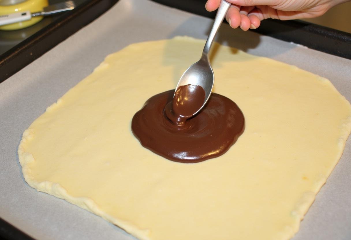 Dépose de la garniture au chocolat sur la pâte de la galette des rois chocolat avant le pliage.