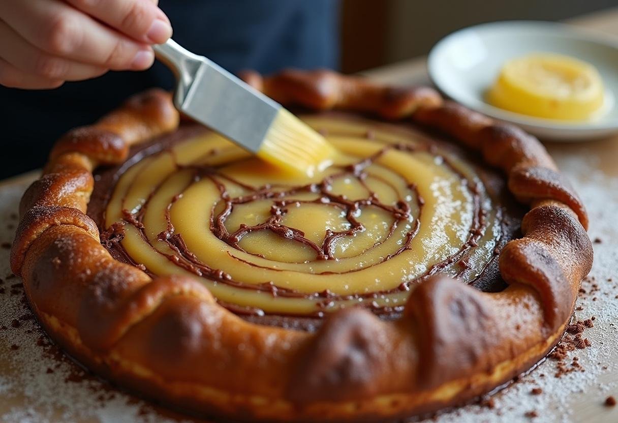 Application d'un lavage d'œuf sur la galette des rois au chocolat et décoration avec des découpes.