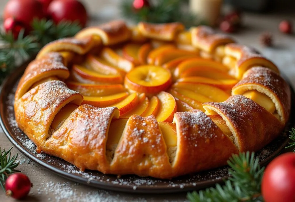 Galette des rois aux pommes frangipane finie, bien présentée sur une table à manger décorée.