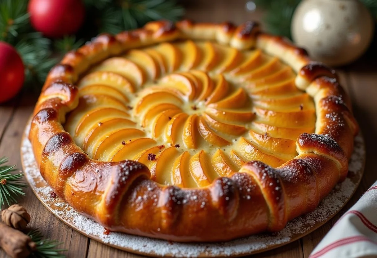 Galette des rois aux pommes frangipane finie, bien présentée sur une table à manger décorée.