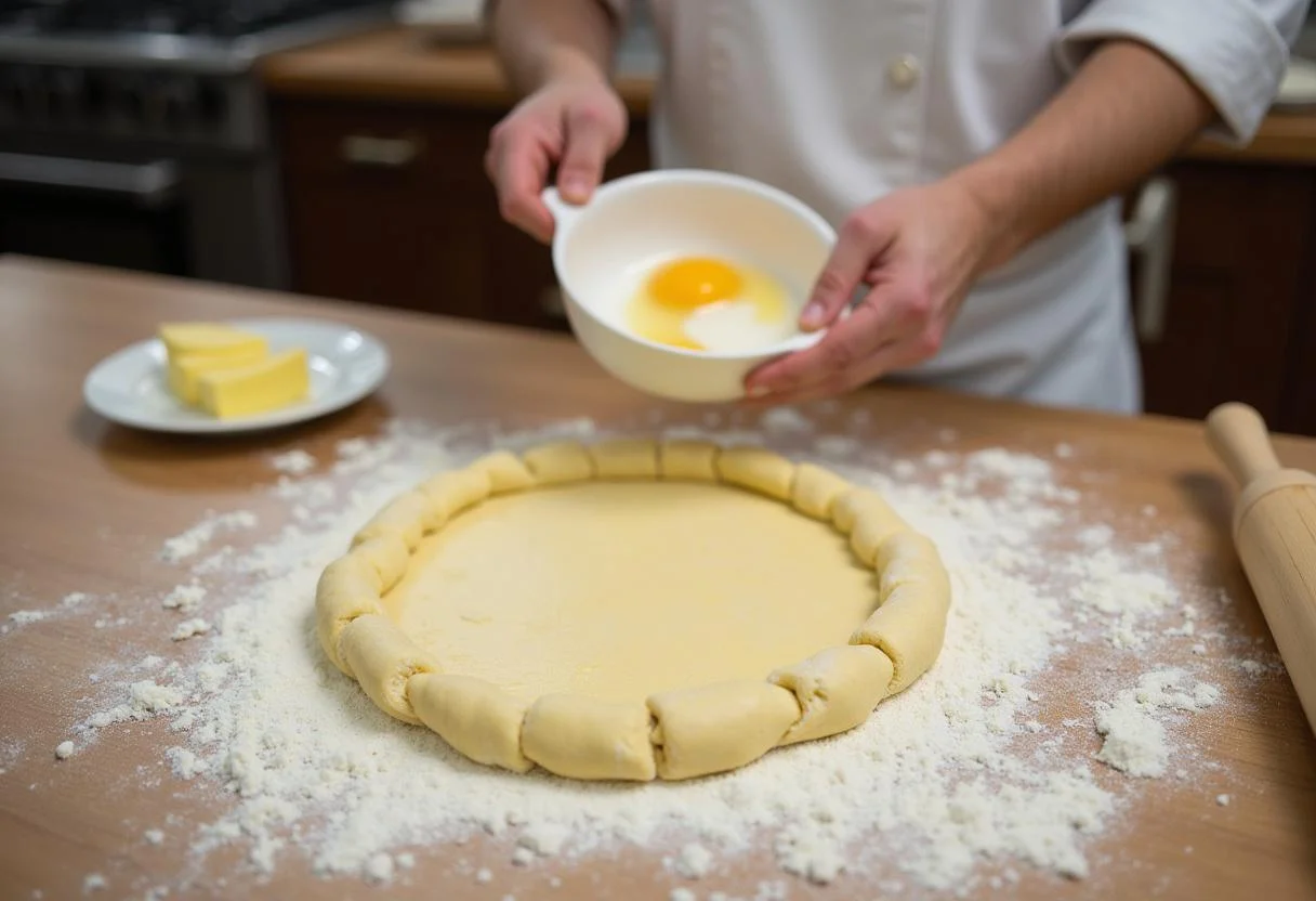 Préparation de la pâte de la galette des rois aux pommes avec de la farine, des œufs et du beurre.