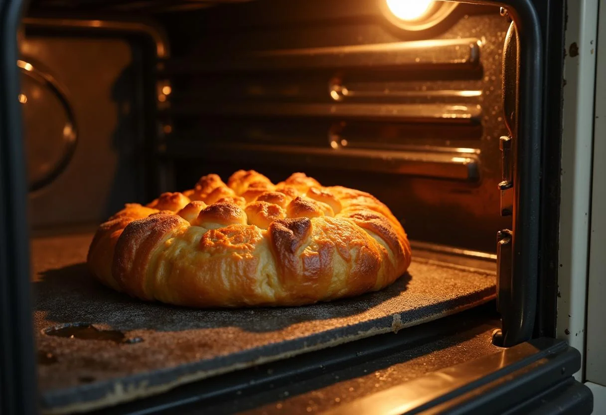 La galette des rois aux pommes en train de cuire au four, dégageant une délicieuse odeur.