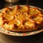 Galette des rois aux pommes dorée et feuilletée, servie chaude sur une assiette décorative, prête à être dégustée.