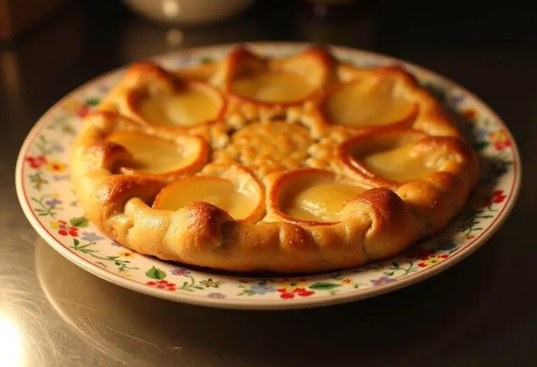 Galette des rois aux pommes dorée et feuilletée, servie chaude sur une assiette décorative, prête à être dégustée.