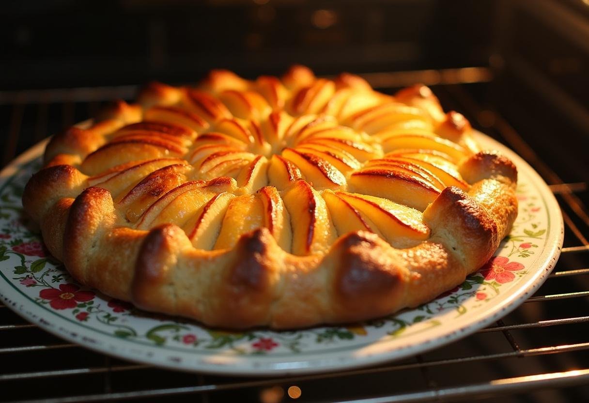 Galette des rois aux pommes dorée et feuilletée, servie chaude sur une assiette décorative, prête à être dégustée.