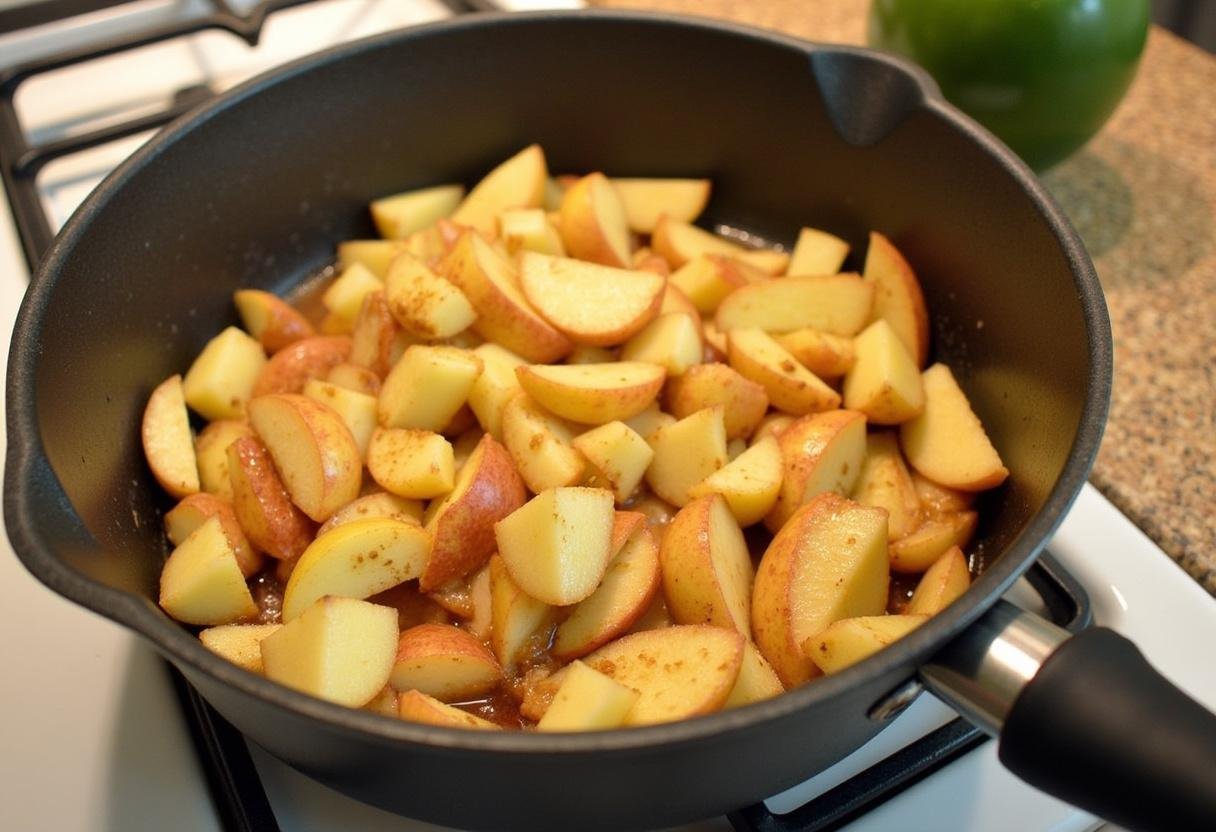 Préparation de la garniture de la galette des rois aux pommes avec des pommes fraîches cuites au sucre, à la cannelle et au beurre.