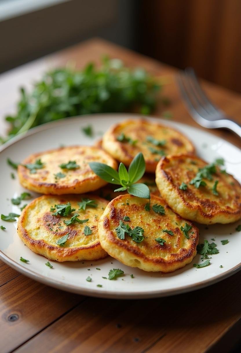 Assiette de galettes de pommes de terre et courgettes dorées décorées de fines herbes, présentation appétissante.