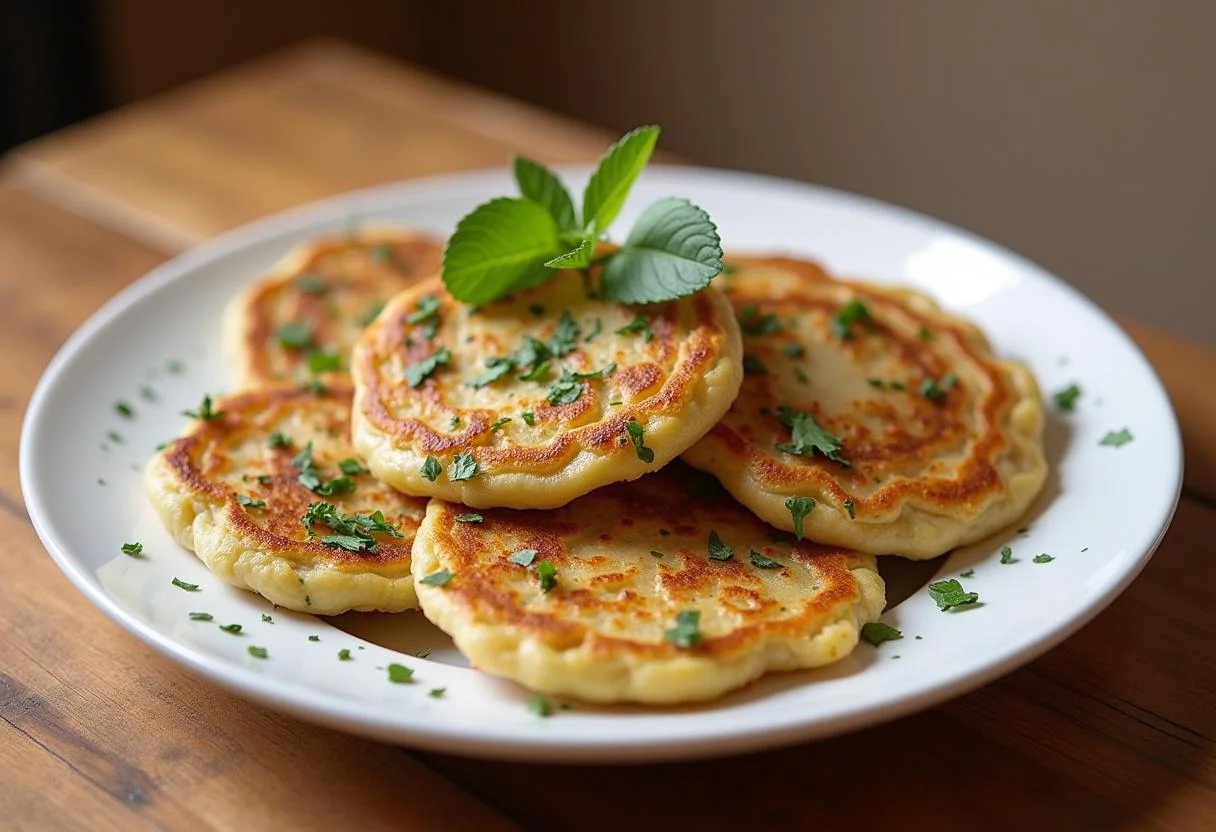 Assiette de galettes de pommes de terre et courgettes dorées décorées de fines herbes, présentation appétissante.