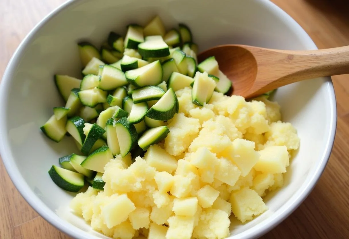Preparation des galettes pommes de terre et courgettes râpées dans un bol avec une cuillère en bois.