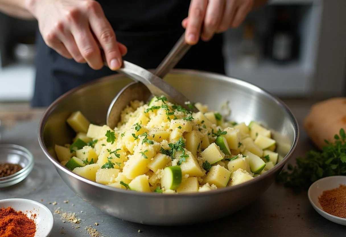 Mélange des pommes de terre râpées et courgettes avec des épices pour les galettes, chef en action.