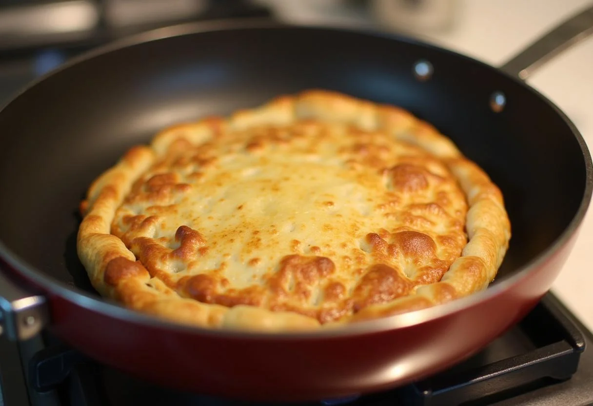 Galette dorée de pommes de terre et courgettes en train d'être retournée dans la poêle, texture croustillante.