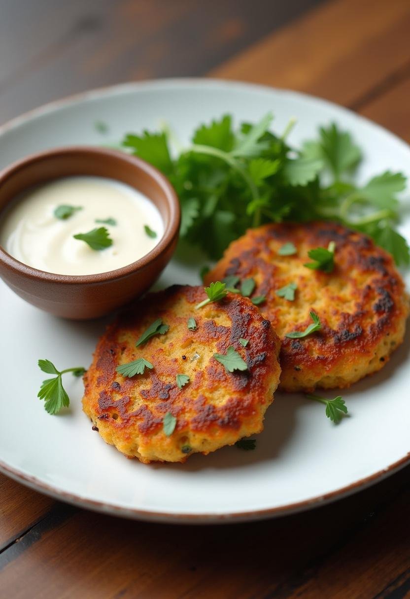 Présentation des galettes végétariennes aux pois chiches sur une assiette, décorées de persil frais et accompagnées d'une sauce à tremper.