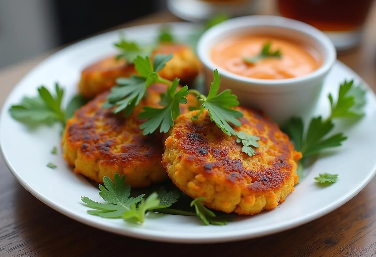 Présentation des galettes végétariennes aux pois chiches sur une assiette, décorées de persil frais et accompagnées d'une sauce à tremper.