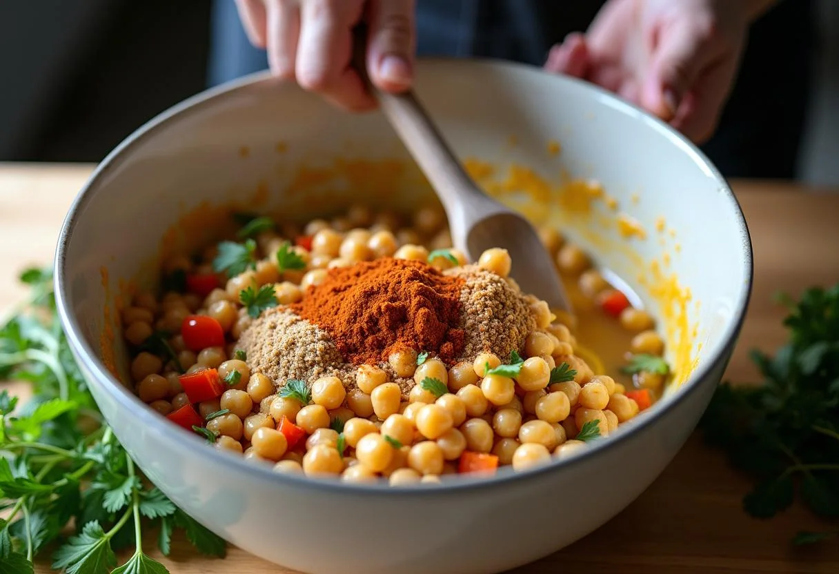 Mélange des ingrédients pour les galettes de pois chiches dans un bol, incorporant des légumes hachés et des épices.