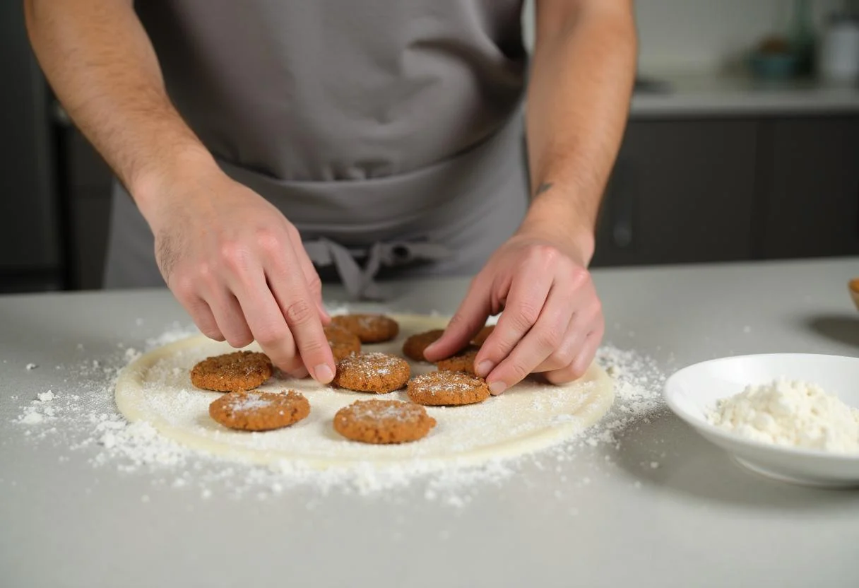 Façonnage des galettes végétariennes aux pois chiches sur un comptoir propre, créant des ronds uniformes avec de la farine à portée de main.