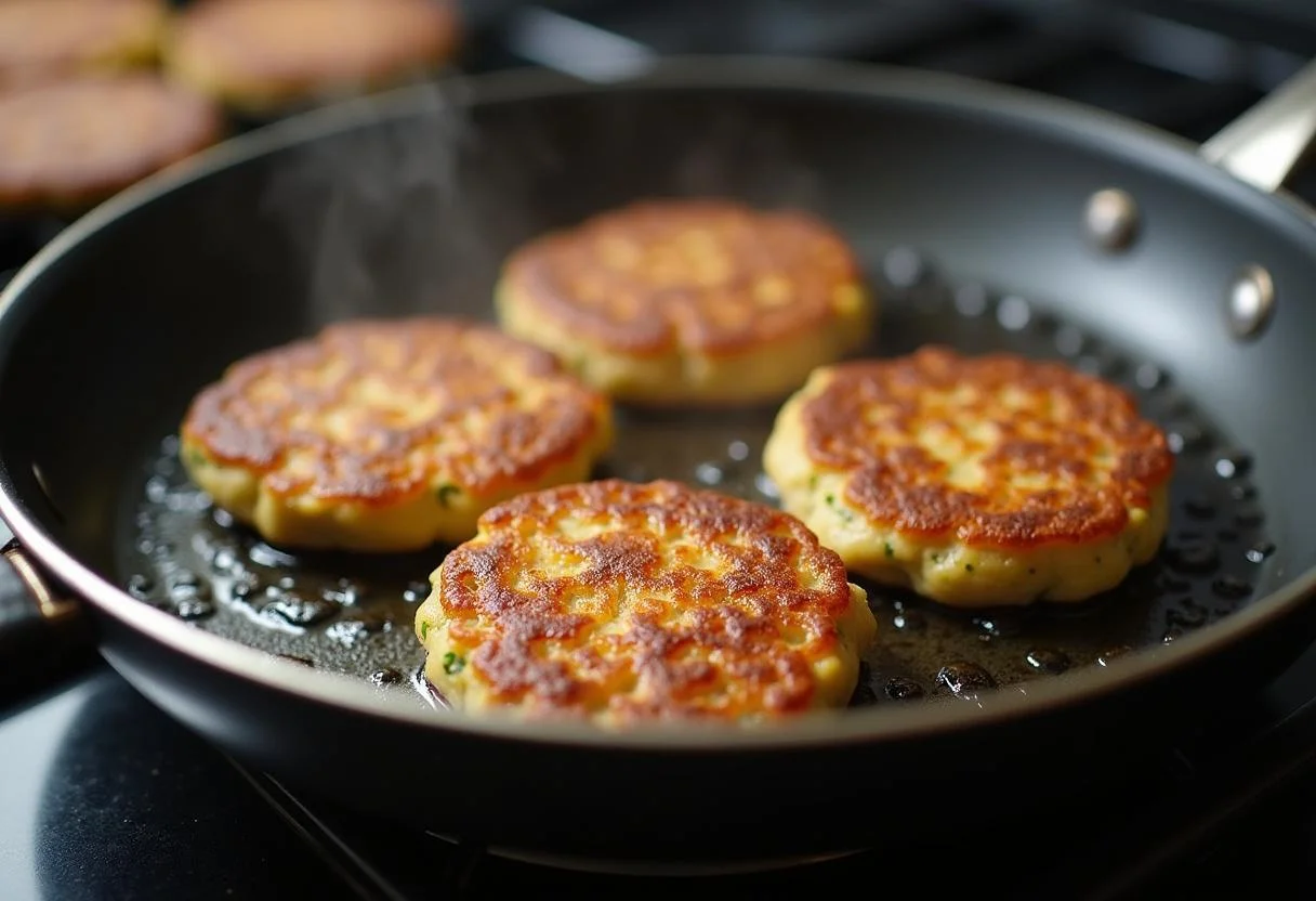 Cuisson des galettes végétariennes aux pois chiches dans une poêle sur le feu, montrant une belle coloration dorée et de la vapeur.