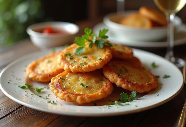 Un plat de galettes de pommes de terre traditionnelles sur une table rustique, prêt à être dégusté avec une sauce d'accompagnement.