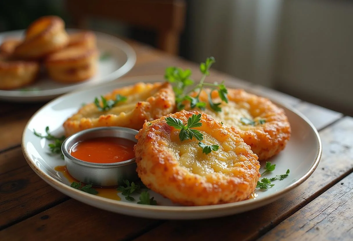 Un plat de galettes de pommes de terre traditionnelles sur une table rustique, prêt à être dégusté avec une sauce d'accompagnement.