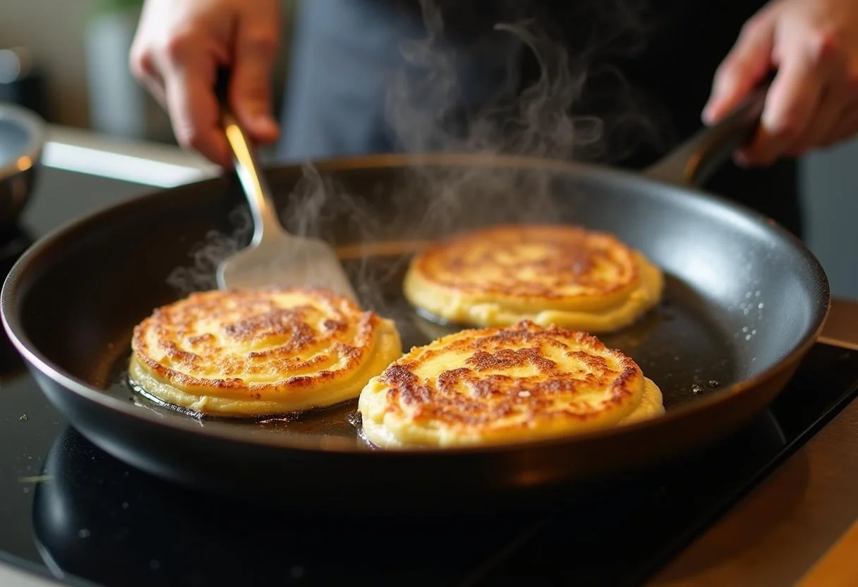 Le cuisinier retournant des galettes dorées dans la poêle, prêtes à être servies comme galettes de pommes de terre.