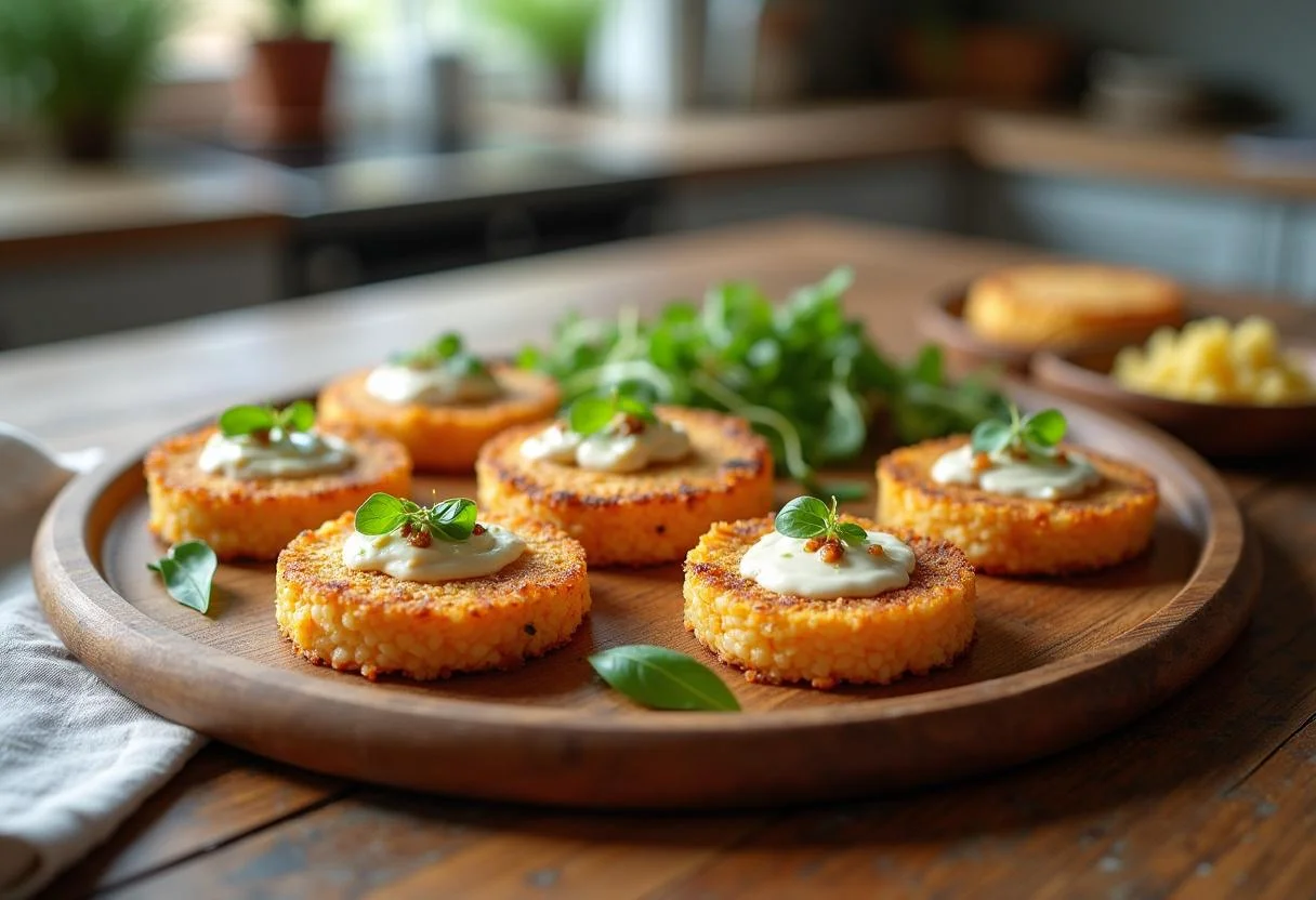 Présentation finale des galettes de riz soufflé, plat en bois avec des galettes de riz décorées d'herbes fraîches et d'une sauce légère.
