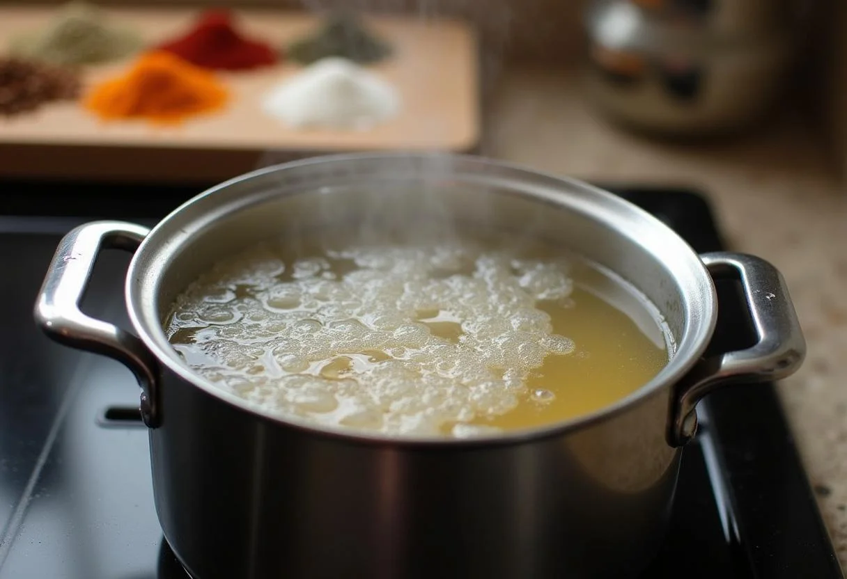Préparation de la recette galette de riz, vue d'un pot sur le feu avec de l'eau bouillante, prêt pour l'étape de cuisson.