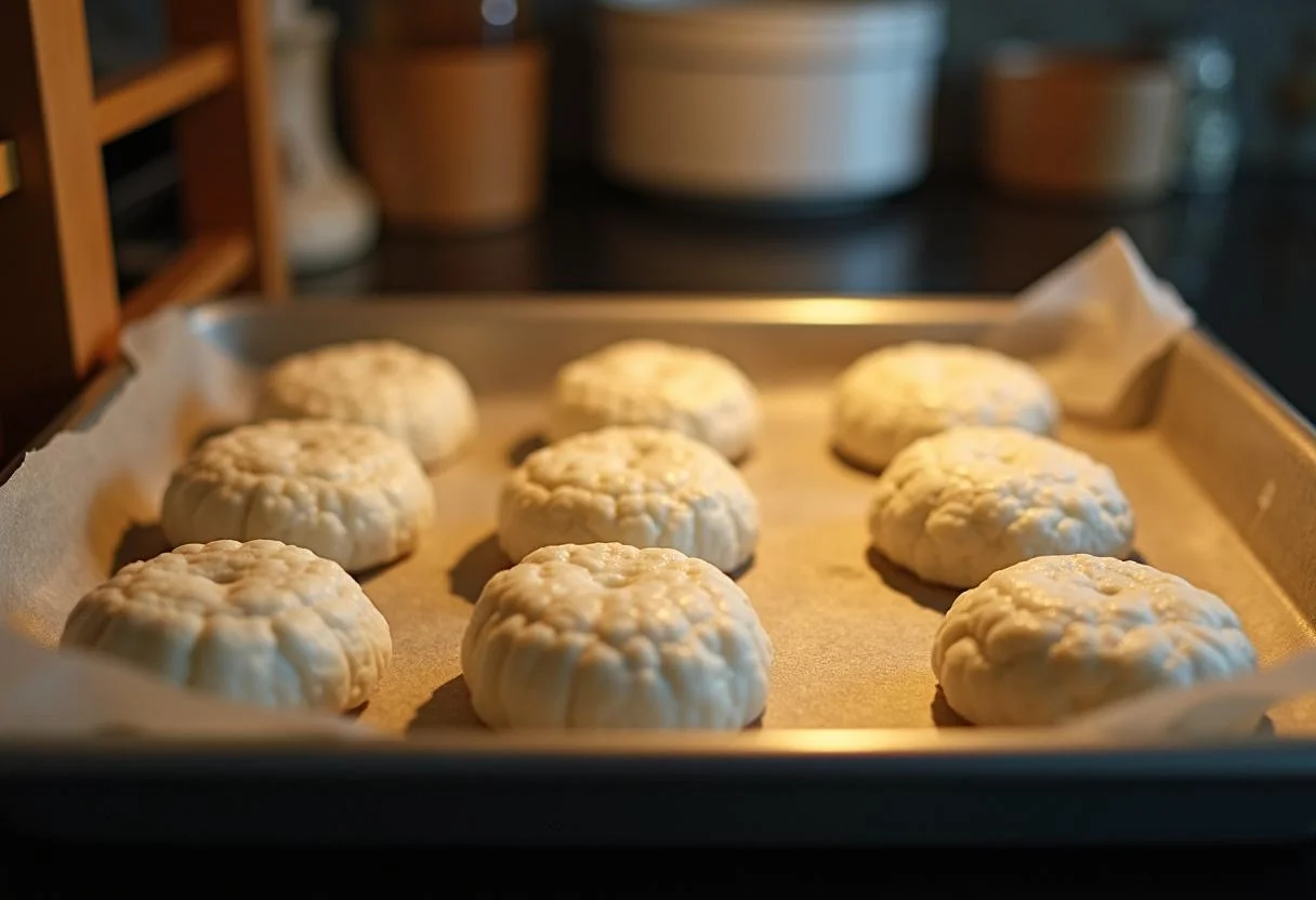 Préparation finale des galettes de riz soufflé, image d'un plateau de cuisson avec des galettes formées prêtes à être cuites.