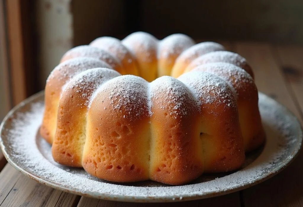 Gâteau Alsacien Traditionnel présenté avec du sucre en poudre sur une assiette rustique.