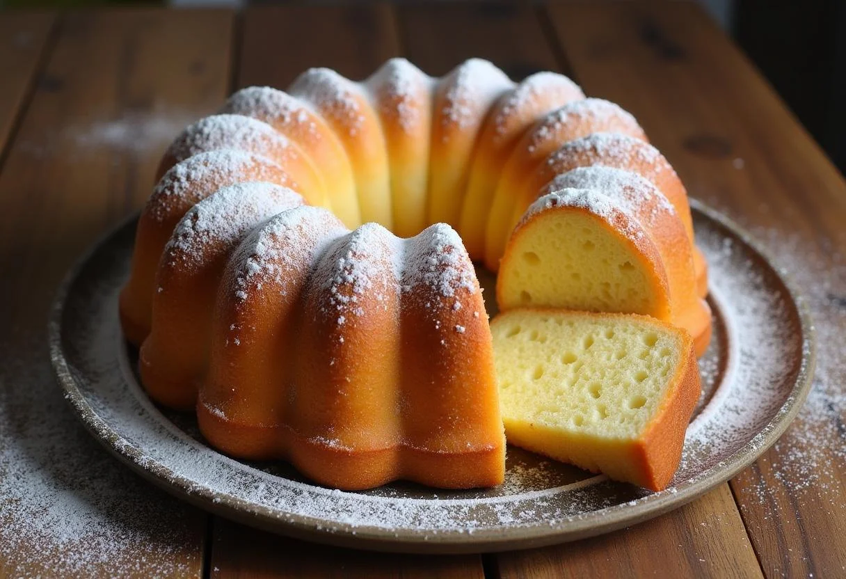 Gâteau Alsacien Traditionnel présenté avec du sucre en poudre sur une assiette rustique.