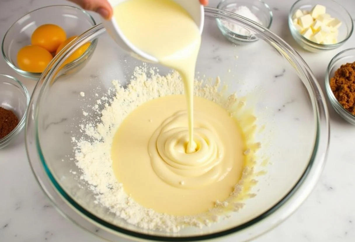Mélange des œufs, du lait et du beurre fondu pour le gâteau alsacien traditionnel dans un bol en verre.