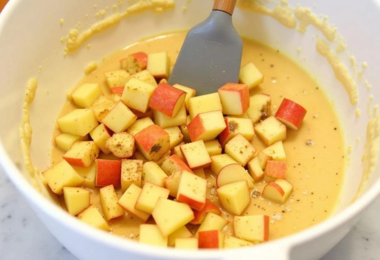 Ajout de pommes en dés et de cannelle dans la pâte du gâteau alsacien traditionnel.