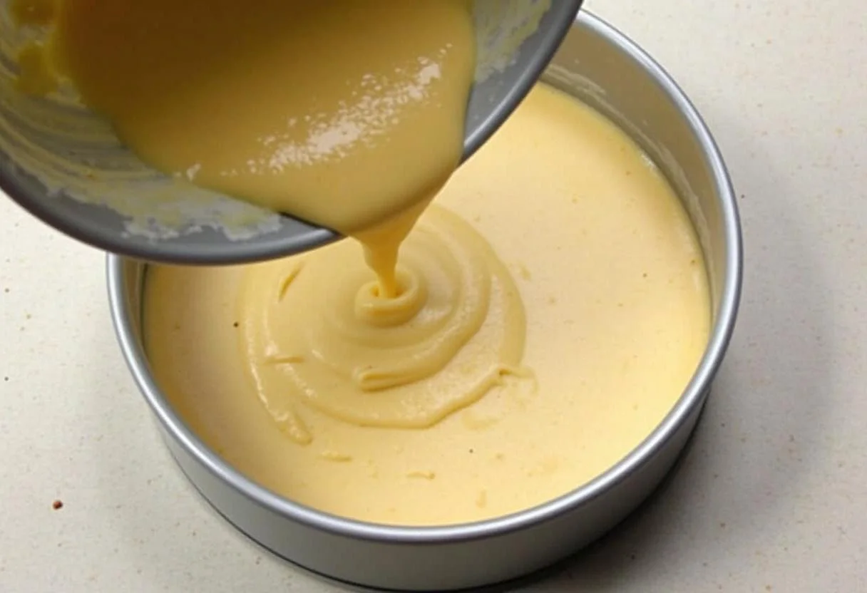 Verser la pâte dans un moule à gâteau graissé pour le gâteau alsacien traditionnel sur un plan de travail.
