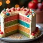 Gâteau américain décoré et prêt à déguster, mettant en valeur des couches vibrantes et du glaçage riche sur une table festive.
