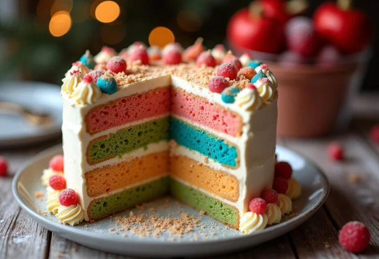 Gâteau américain décoré et prêt à déguster, mettant en valeur des couches vibrantes et du glaçage riche sur une table festive.