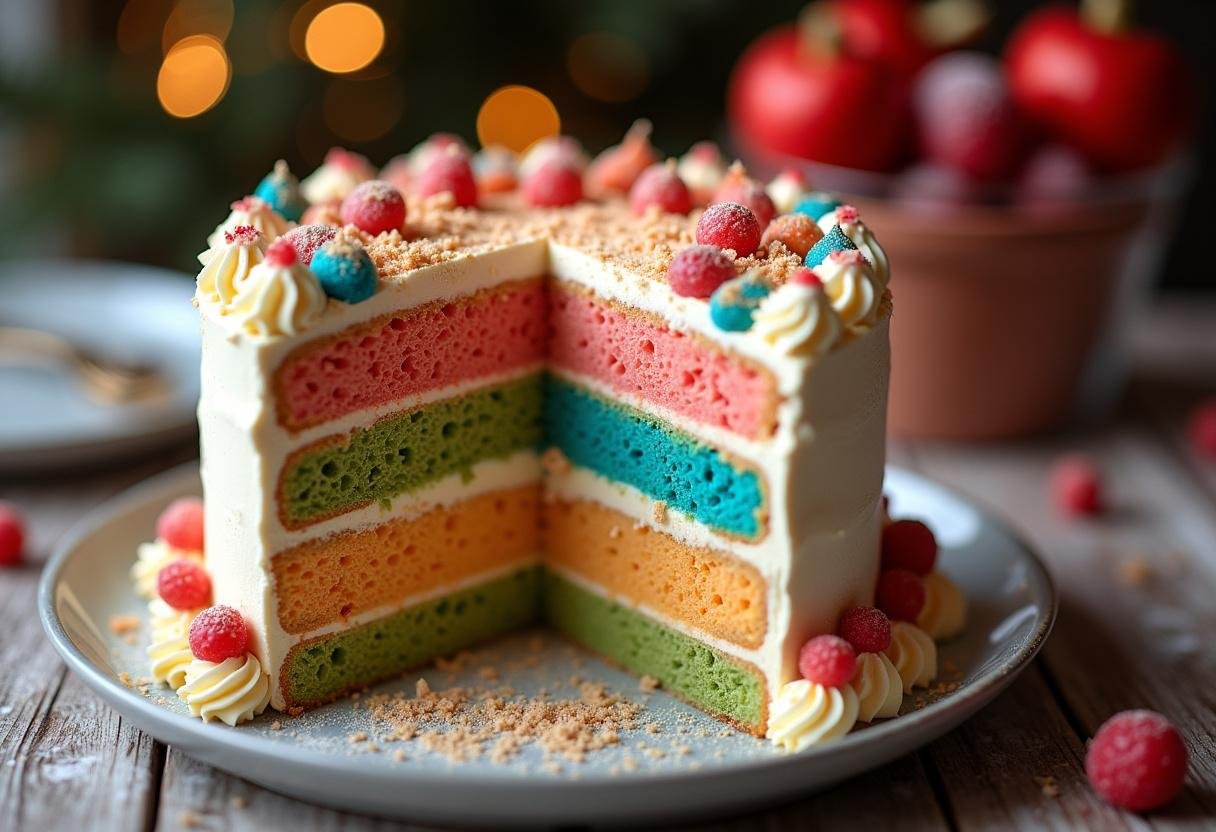 Gâteau américain décoré et prêt à déguster, mettant en valeur des couches vibrantes et du glaçage riche sur une table festive.