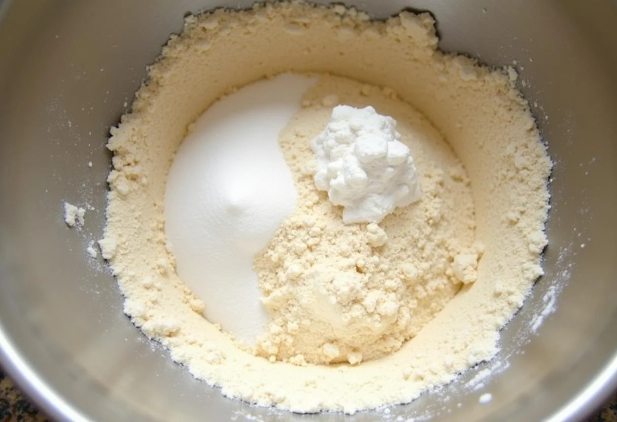 Préparation de la pâte sèche pour le gâteau américain, mélange de farine, sucre, levure chimique et sel dans un grand bol.