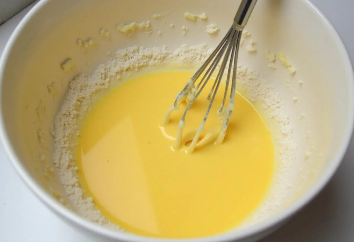 Mélange des ingrédients humides pour le gâteau américain, jaunes d'œufs, lait et extrait de vanille, avant de les incorporer dans la pâte sèche.