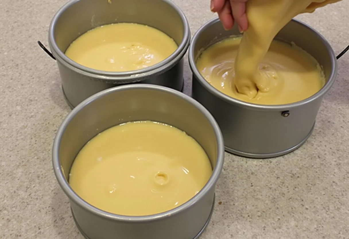 Verser la pâte du gâteau américain uniformément dans trois moules ronds, garantissant des couches de gâteau de même épaisseur.