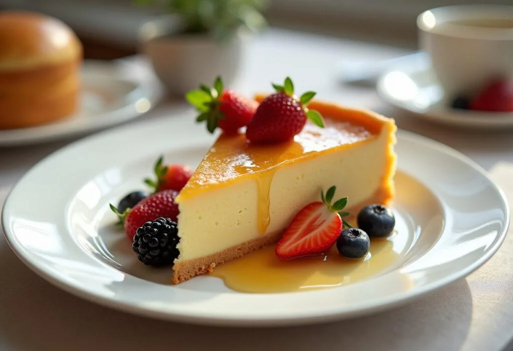 Présentation du gâteau flocon d'avoine pour le petit déjeuner, un dessert sain agrémenté de fruits frais, idéal pour un petit déjeuner équilibré.