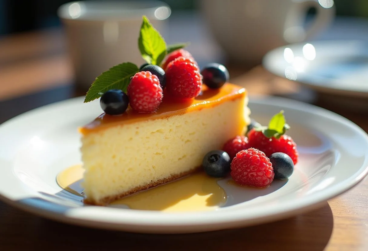 Présentation du gâteau flocon d'avoine pour le petit déjeuner, un dessert sain agrémenté de fruits frais, idéal pour un petit déjeuner équilibré.