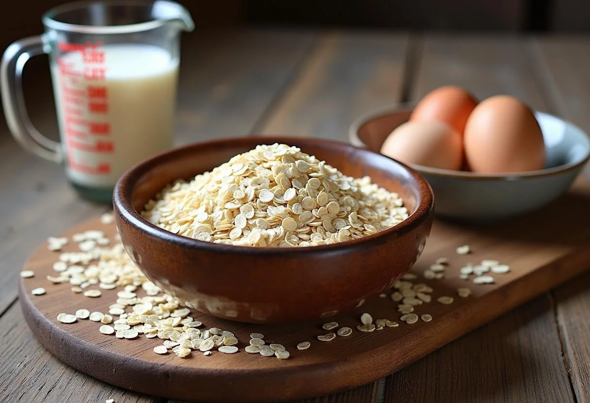 Préparation des ingrédients pour le gâteau flocon d'avoine, comprenant des flocons d'avoine, des œufs et du lait pour un petit déjeuner sain.