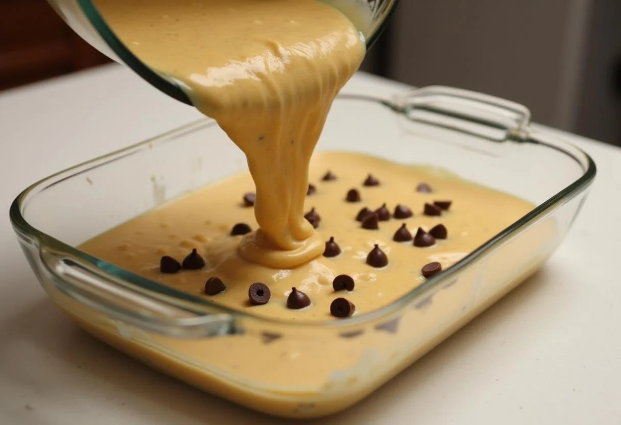 Verser la préparation du gâteau flocon d'avoine dans un plat de cuisson, une étape exciting pour créer un dessert délicieux.